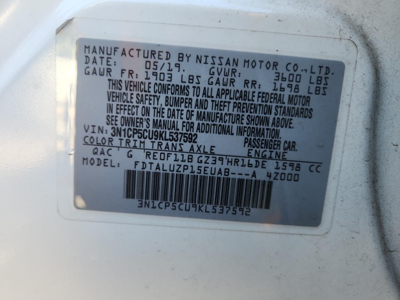 2019 Nissan Kicks S VIN: 3N1CP5CU9KL537592 Lot: 85294355