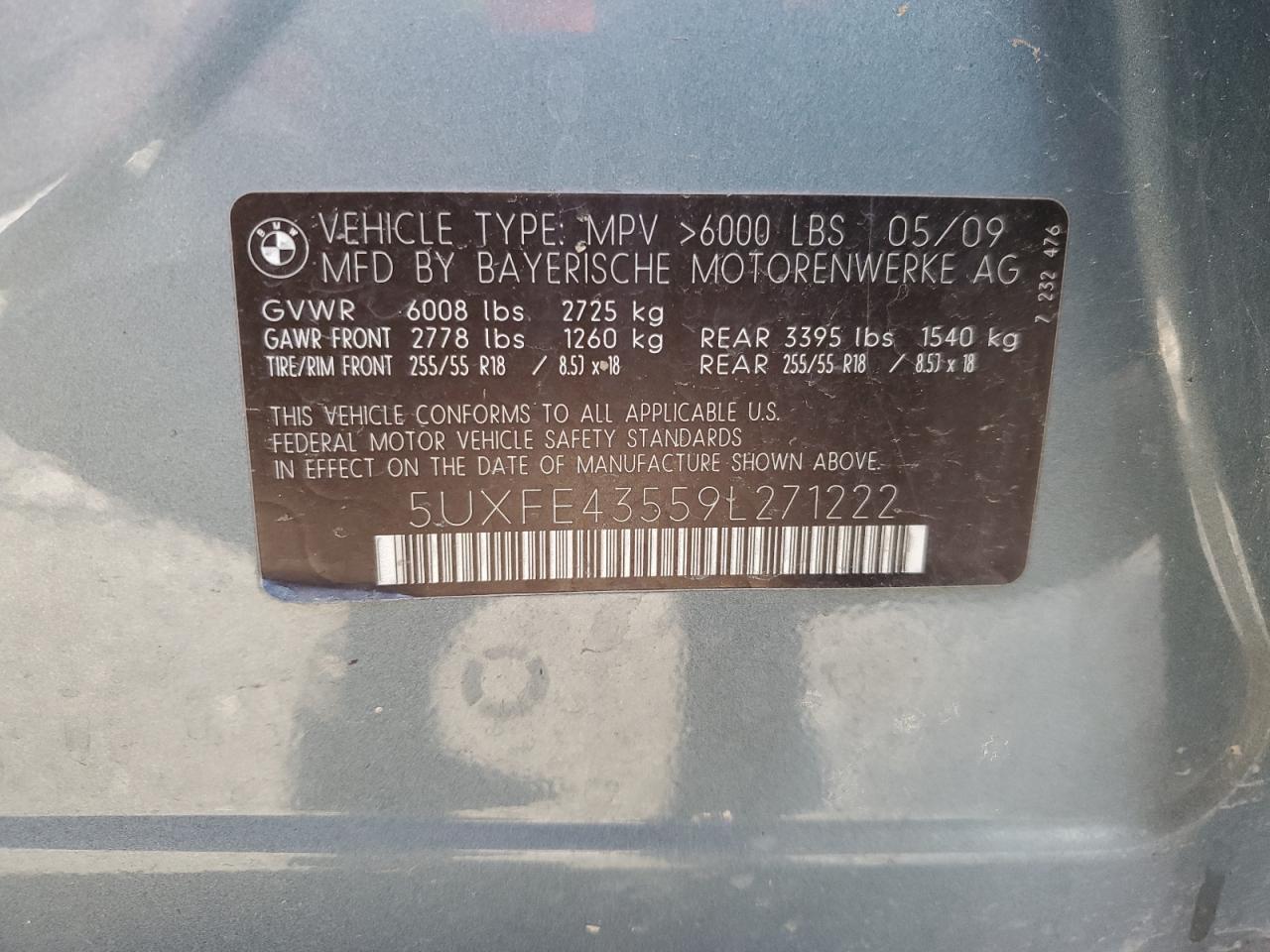 2009 BMW X5 xDrive30I VIN: 5UXFE43559L271222 Lot: 87240045