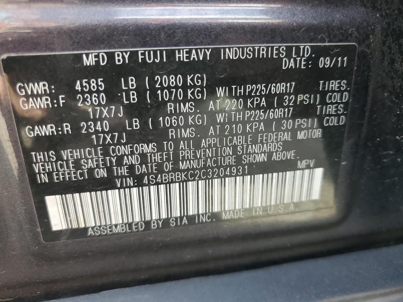 2012 Subaru Outback 2.5I Limited VIN: 4S4BRBKC2C3204931 Lot: 86133295