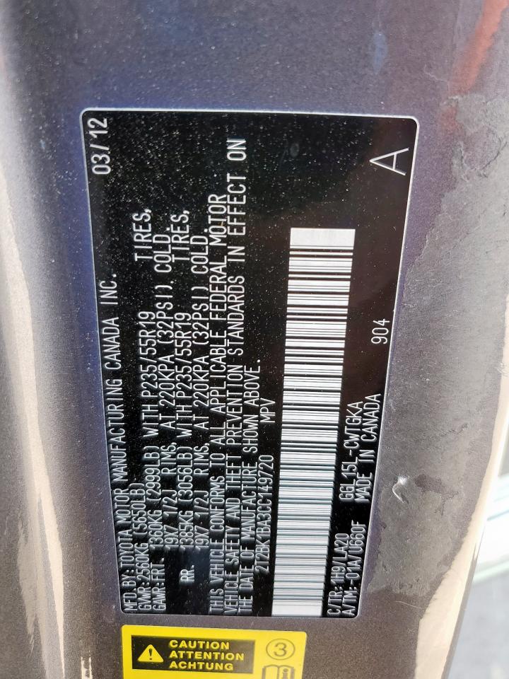 2012 Lexus Rx 350 VIN: 2T2BK1BA3CC149720 Lot: 85505225