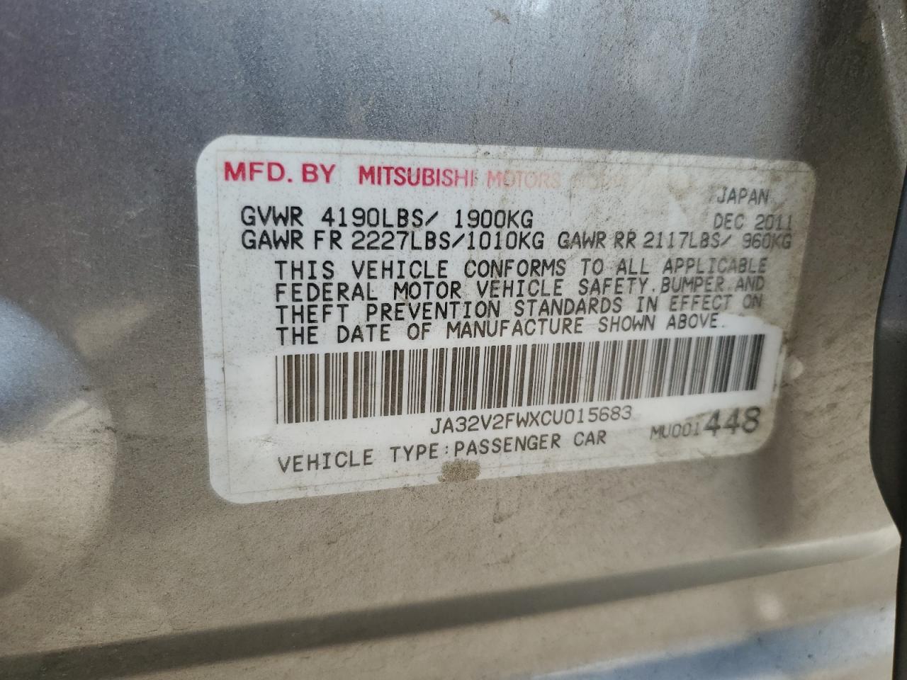 2012 Mitsubishi Lancer Se VIN: JA32V2FWXCU015683 Lot: 86256975