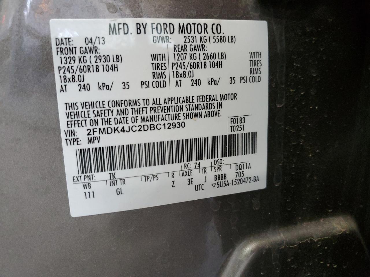 2013 Ford Edge Sel VIN: 2FMDK4JC2DBC12930 Lot: 86186685