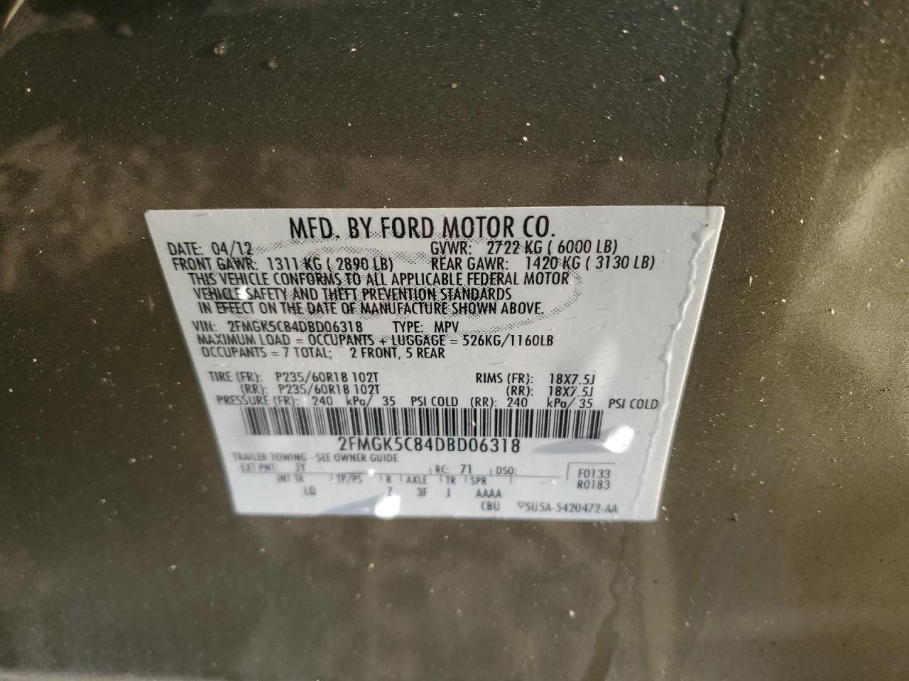 2013 Ford Flex Sel VIN: 2FMGK5C84DBD06318 Lot: 85169525