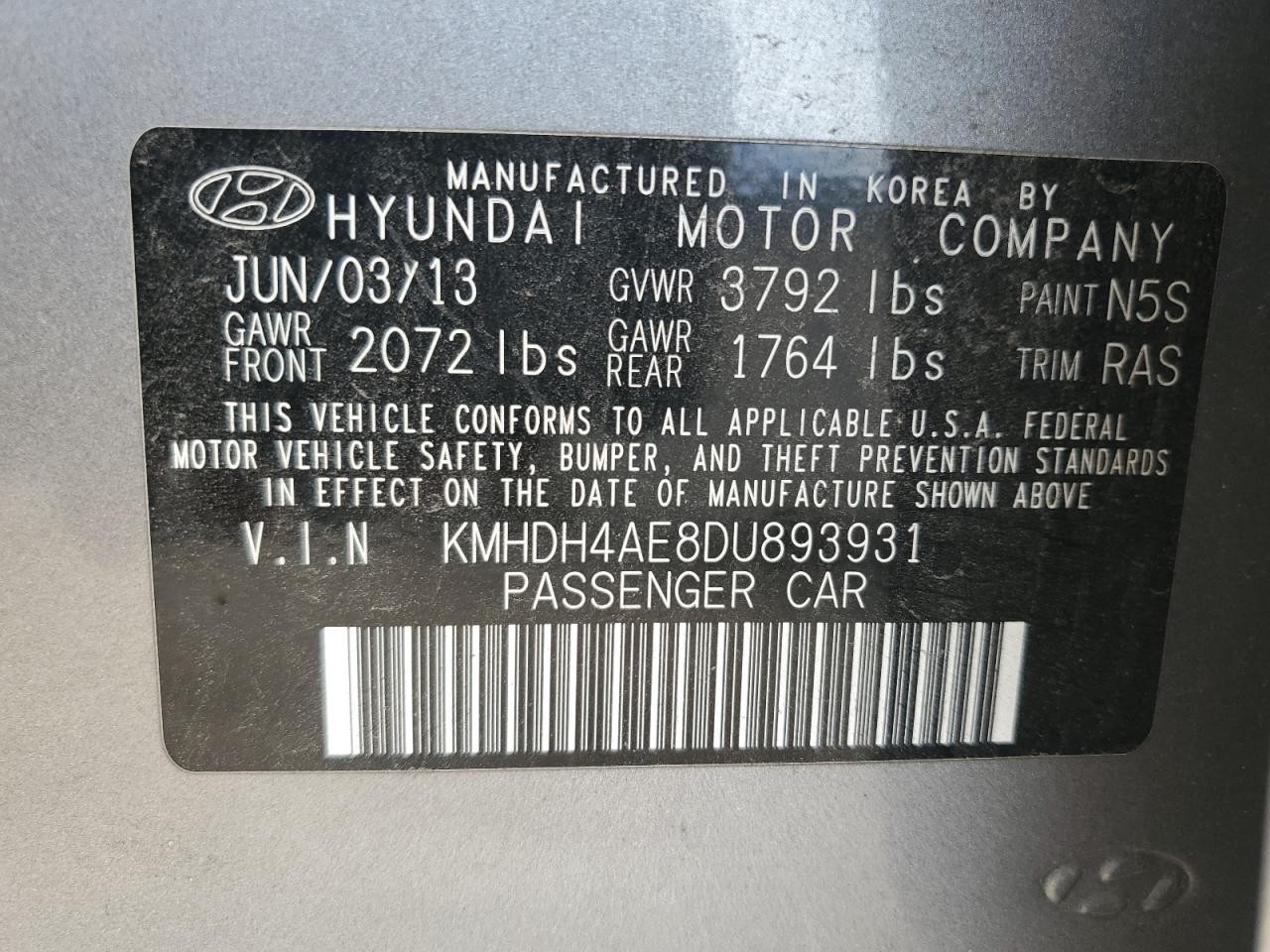 2013 Hyundai Elantra Gls VIN: KMHDH4AE8DU893931 Lot: 81964255