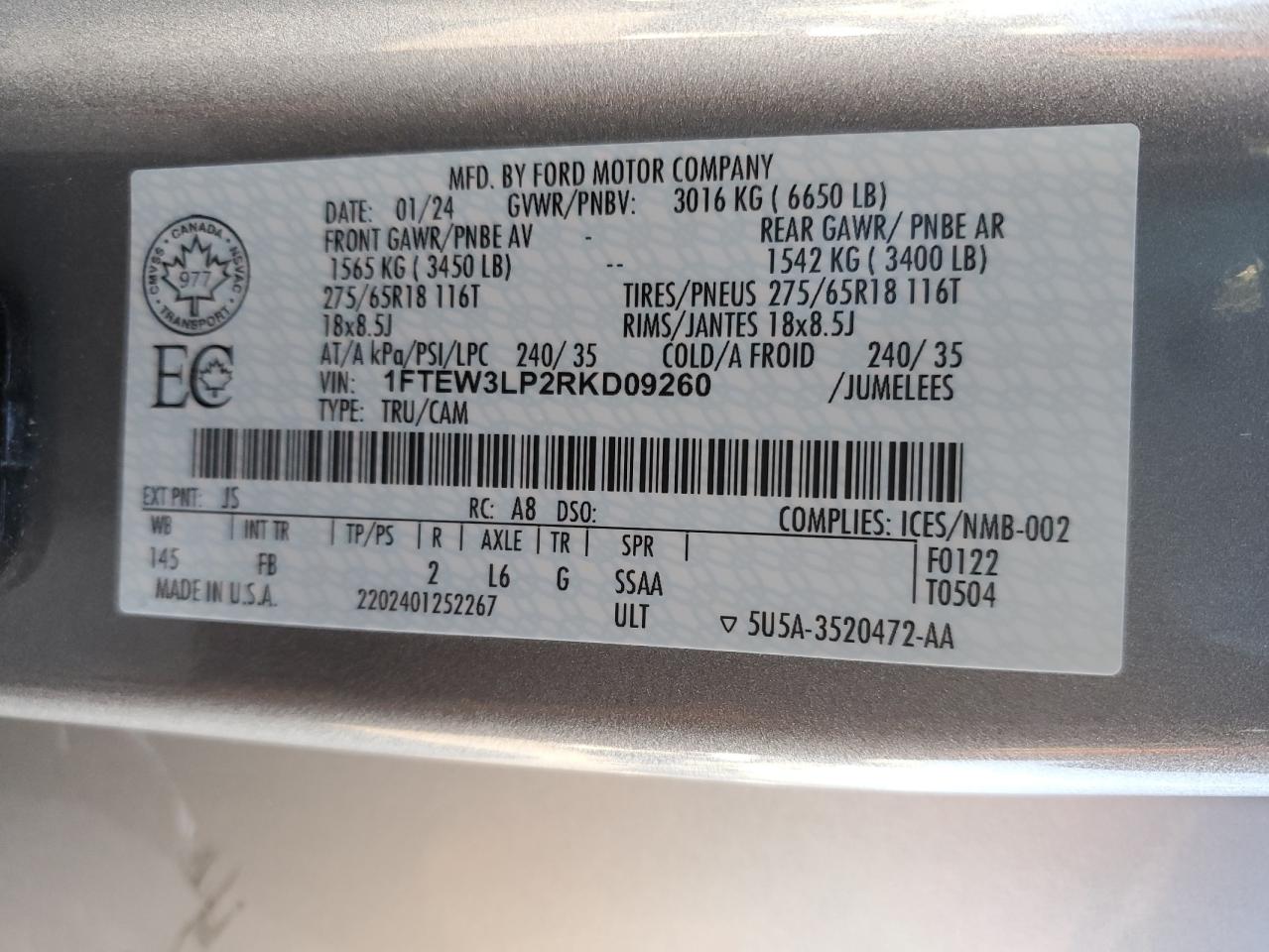 2024 Ford F150 Xlt VIN: 1FTEW3LP2RKD09260 Lot: 87453715