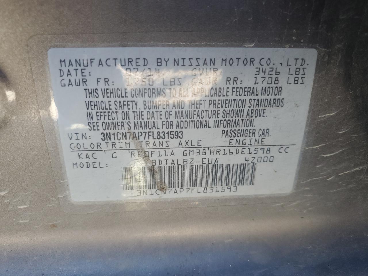 2015 Nissan Versa S VIN: 3N1CN7AP7FL831593 Lot: 82429065