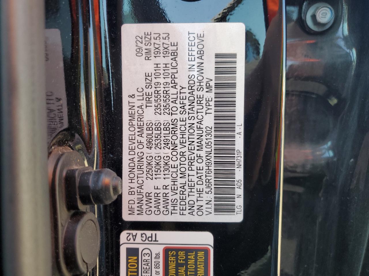 2022 Honda Cr-V Touring VIN: 5J6RT6H9XNL051302 Lot: 82234095