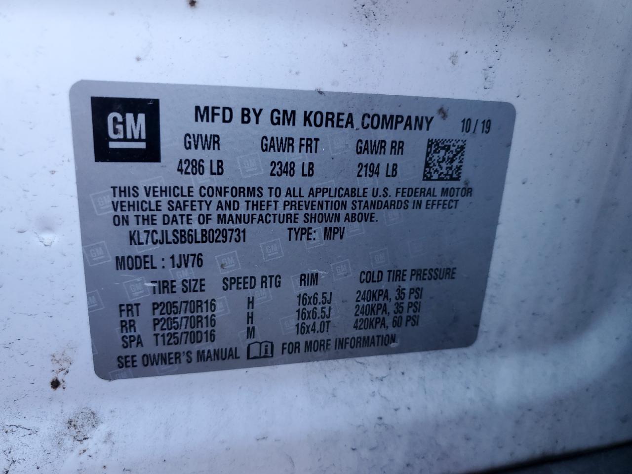 2020 Chevrolet Trax 1Lt VIN: KL7CJLSB6LB029731 Lot: 90683445