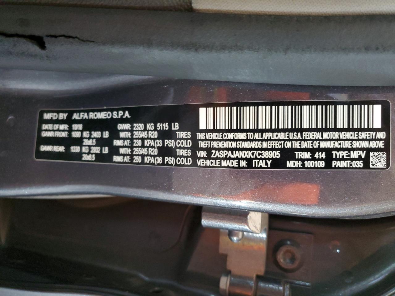 2019 Alfa Romeo Stelvio VIN: ZASPAJANXK7C38905 Lot: 90012625