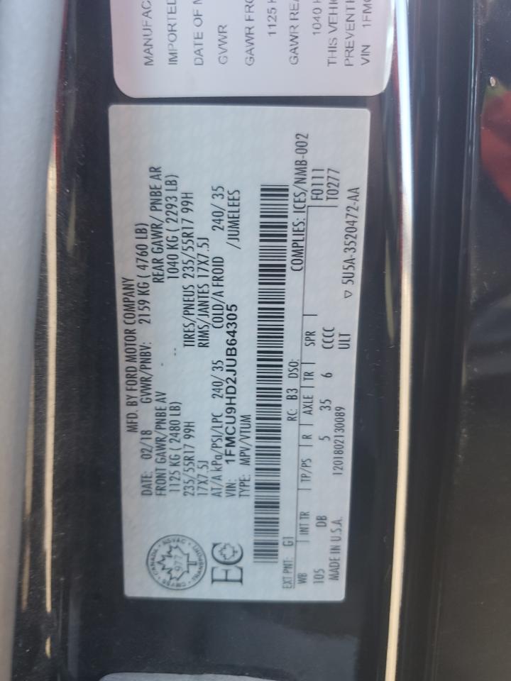 2018 Ford Escape Sel VIN: 1FMCU9HD2JUB64305 Lot: 82034745