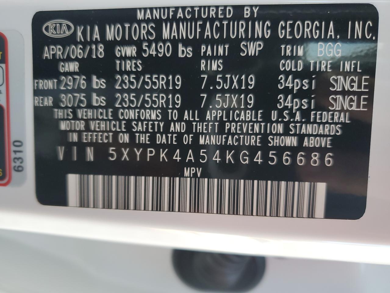 2019 Kia Sorento Sx VIN: 5XYPK4A54KG456686 Lot: 86245445