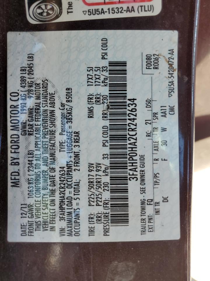 2012 Ford Fusion Se VIN: 3FAHP0HA2CR242634 Lot: 85936055