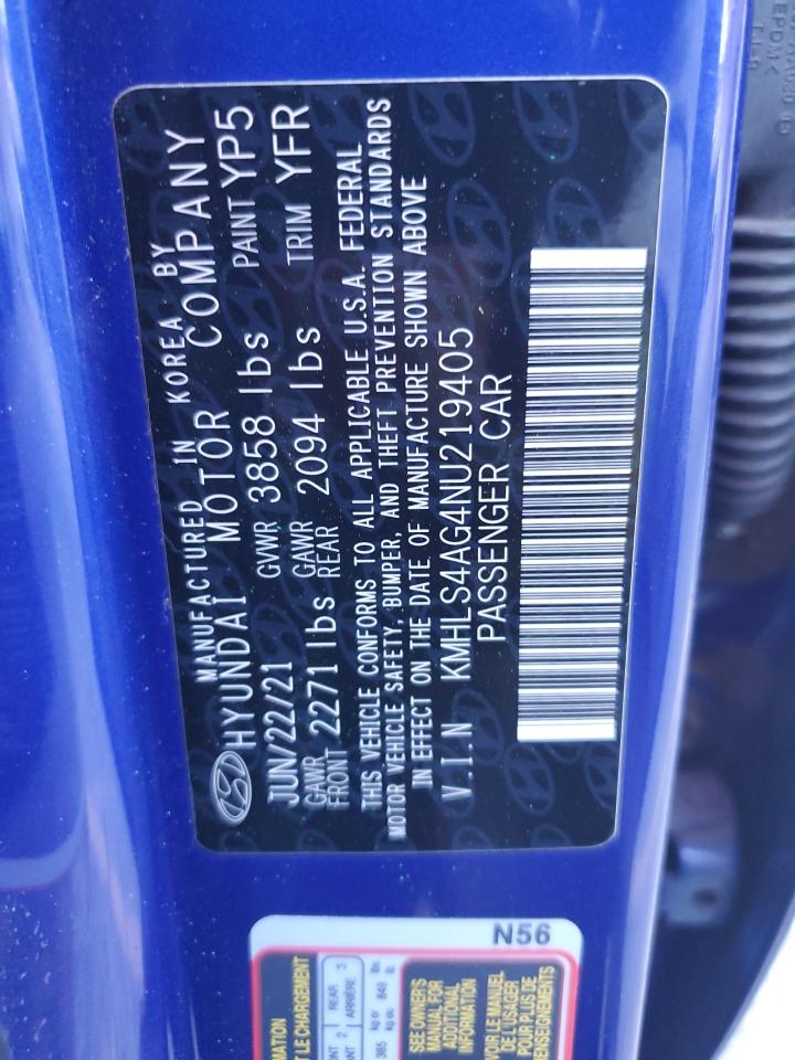 2022 Hyundai Elantra Sel VIN: KMHLS4AG4NU219405 Lot: 90308185