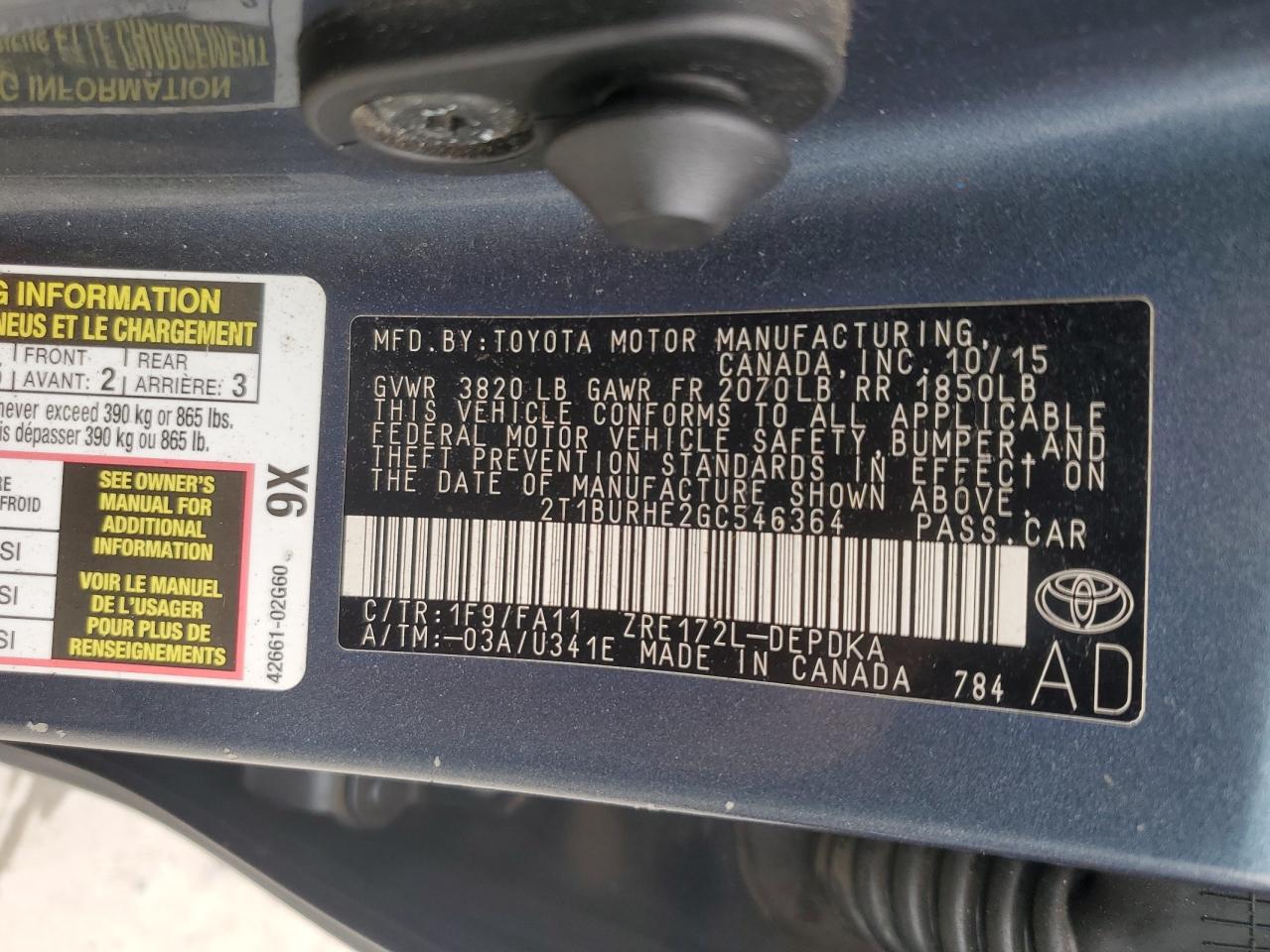 2016 Toyota Corolla L VIN: 2T1BURHE2GC546364 Lot: 85549645