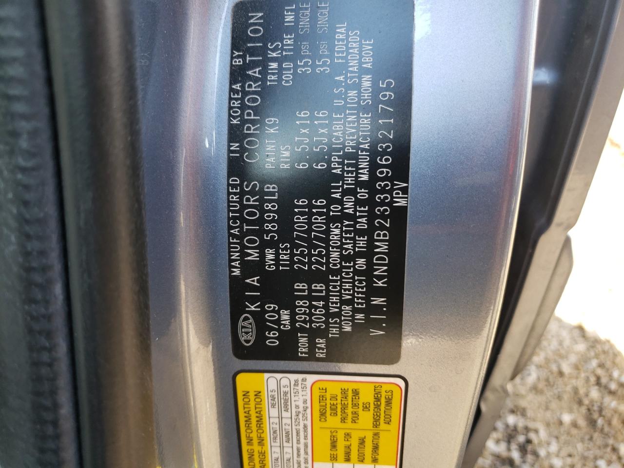 2009 Kia Sedona Ex VIN: KNDMB233396321795 Lot: 89864375