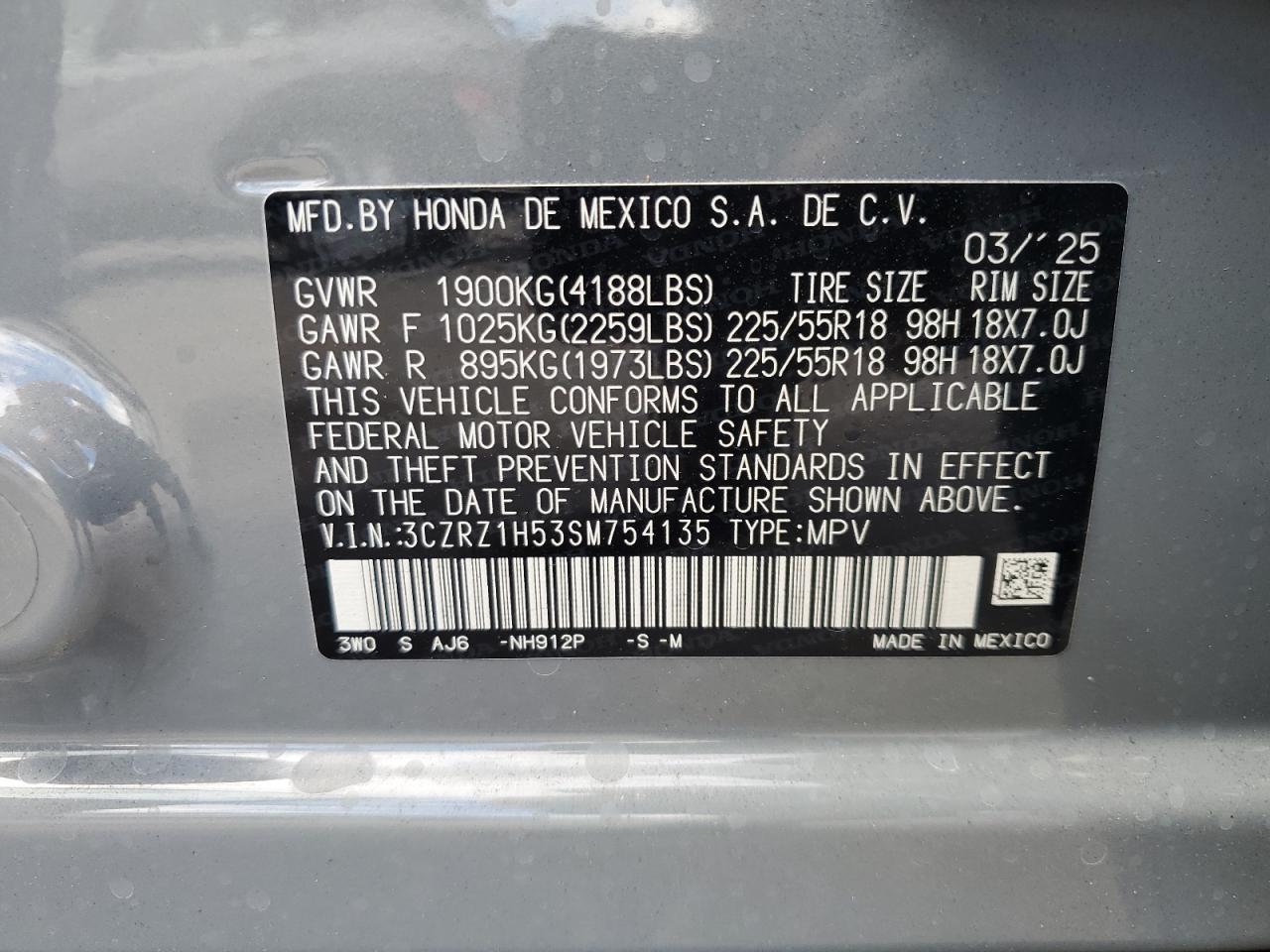 2025 Honda Hr-V Sport VIN: 3CZRZ1H53SM754135 Lot: 82292675