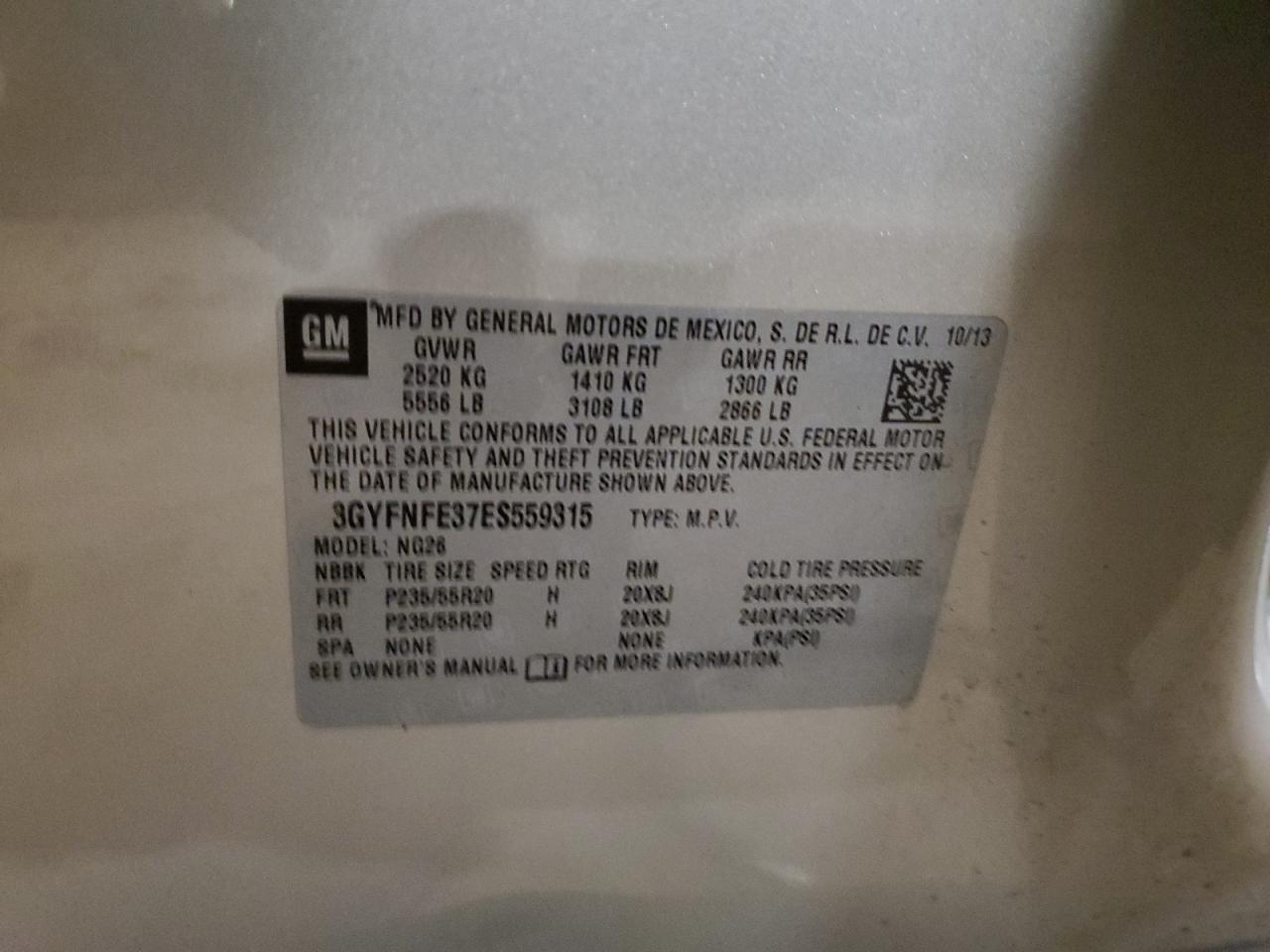 2014 Cadillac Srx Performance Collection VIN: 3GYFNFE37ES559315 Lot: 89825135