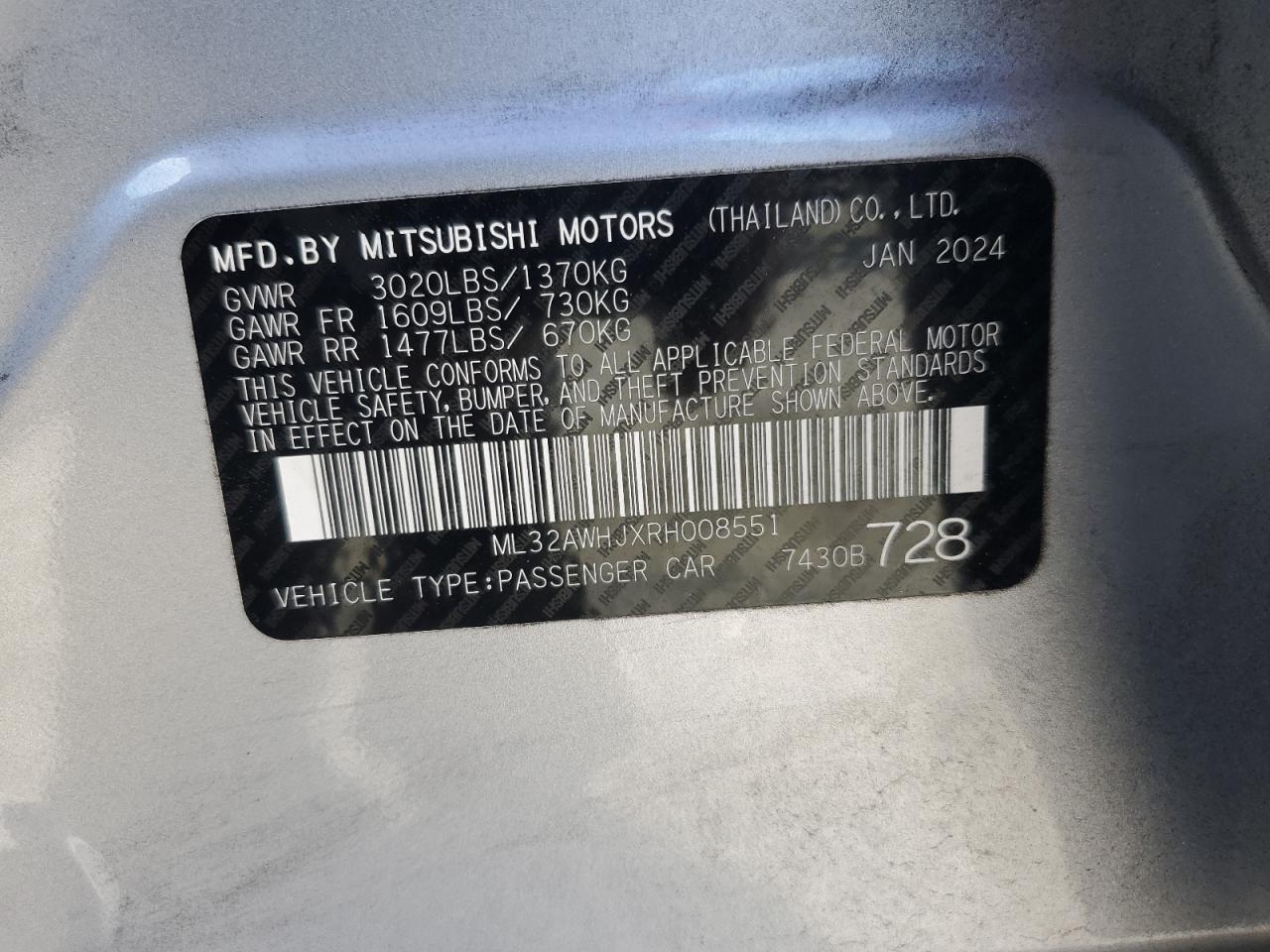 2024 Mitsubishi Mirage Se VIN: ML32AWHJXRH008551 Lot: 86452915