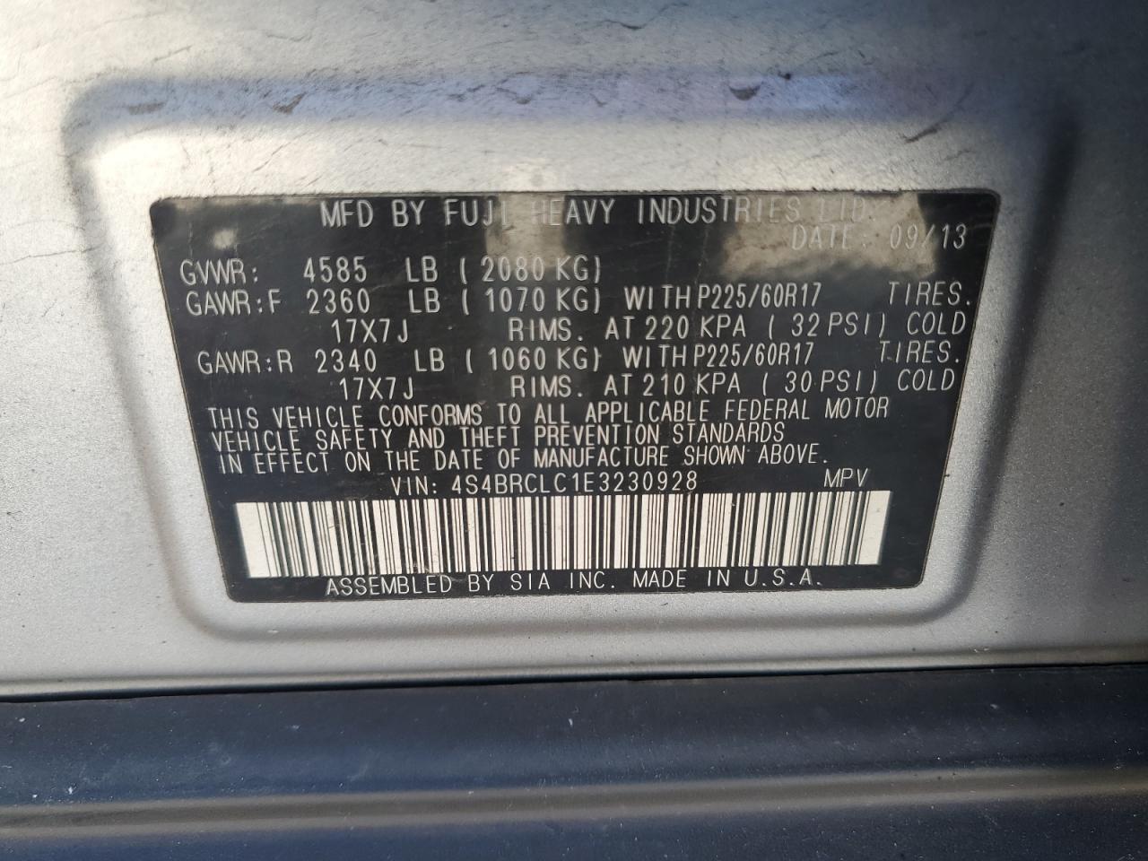 2014 Subaru Outback 2.5I Limited VIN: 4S4BRCLC1E3230928 Lot: 85559795