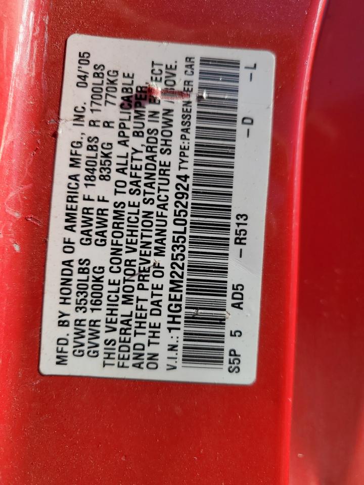 2005 Honda Civic Lx VIN: 1HGEM22535L052924 Lot: 85757115