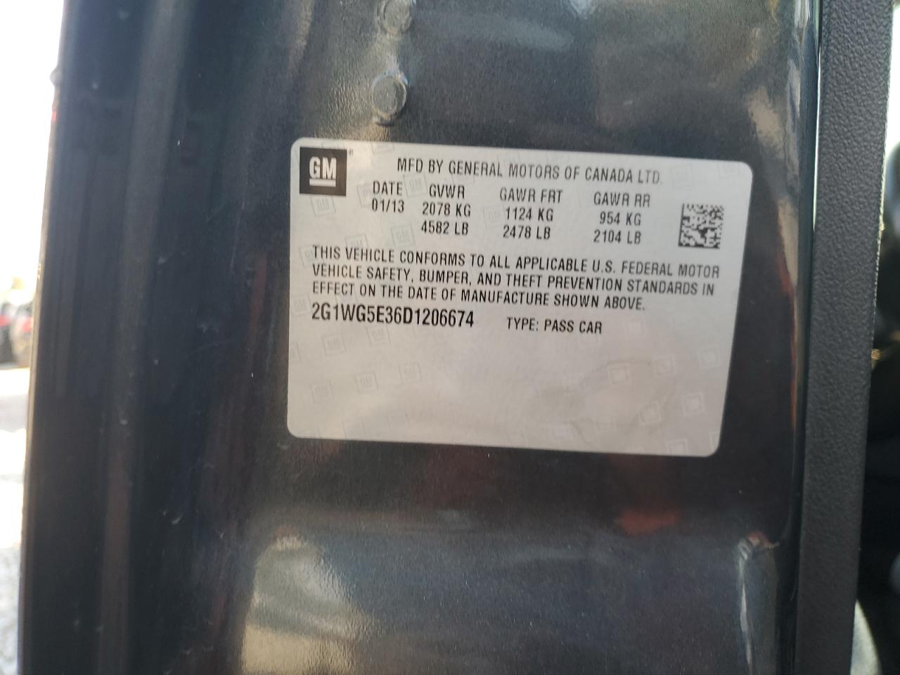 2013 Chevrolet Impala Lt VIN: 2G1WG5E36D1206674 Lot: 86140765