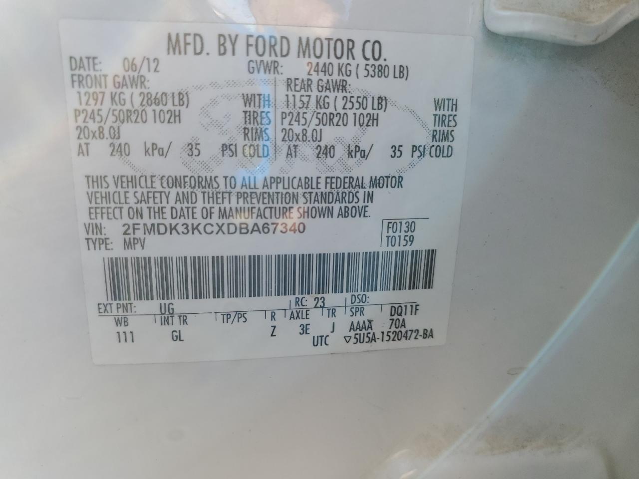 2013 Ford Edge Limited VIN: 2FMDK3KCXDBA67340 Lot: 90360225