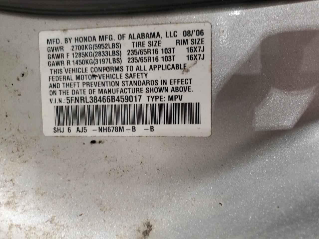 2006 Honda Odyssey Ex VIN: 5FNRL38466B459017 Lot: 82309125