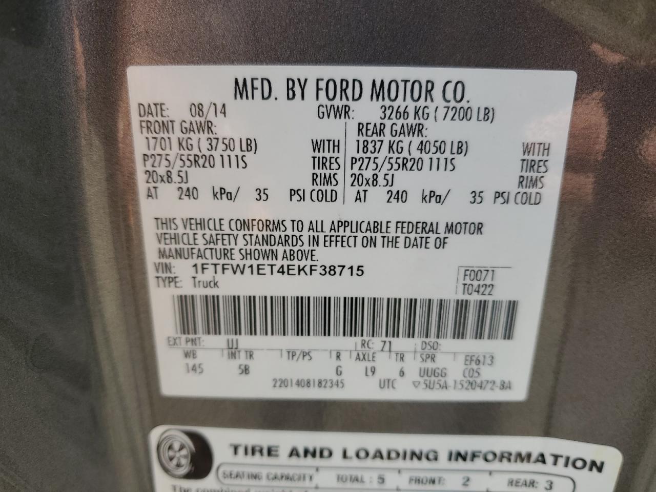 2014 Ford F150 Supercrew VIN: 1FTFW1ET4EKF38715 Lot: 82374085