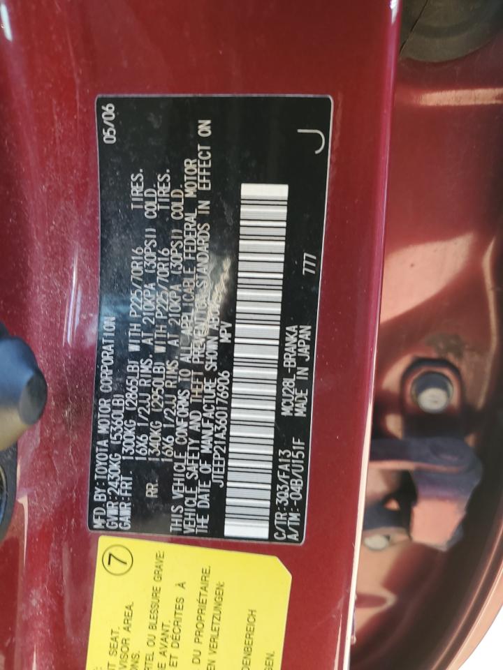 2006 Toyota Highlander Limited VIN: JTEEP21A360176906 Lot: 85924875