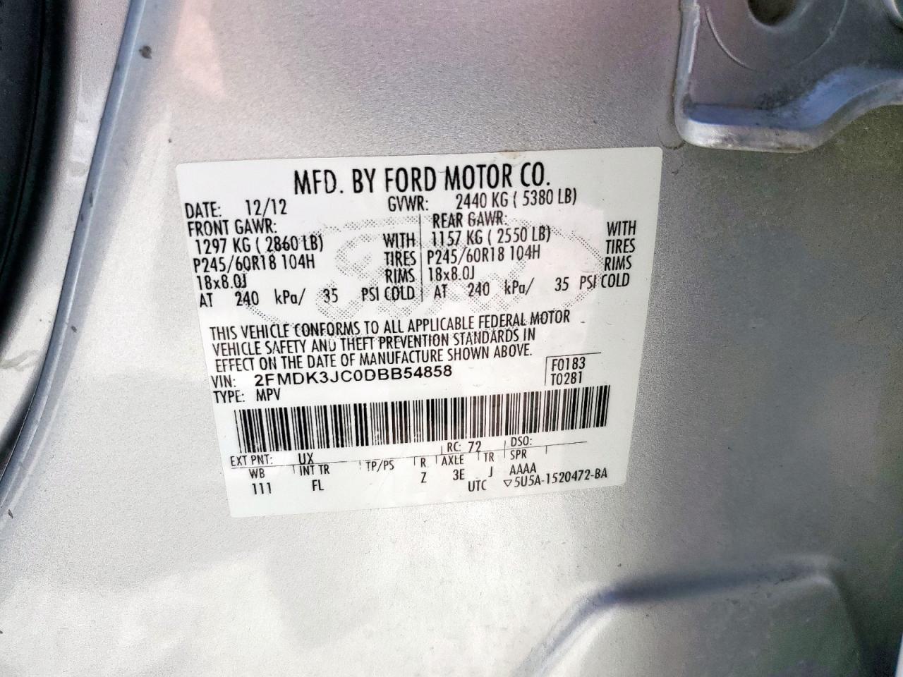 2013 Ford Edge Sel VIN: 2FMDK3JC0DBB54858 Lot: 82338015