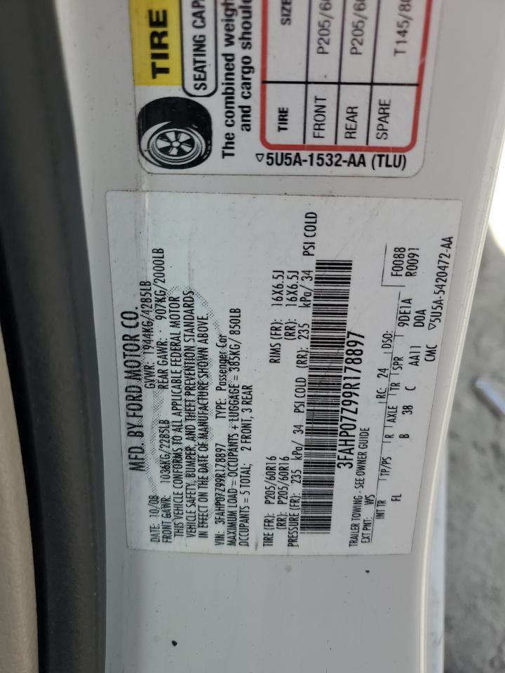 2009 Ford Fusion Se VIN: 3FAHP07Z99R178897 Lot: 92785955