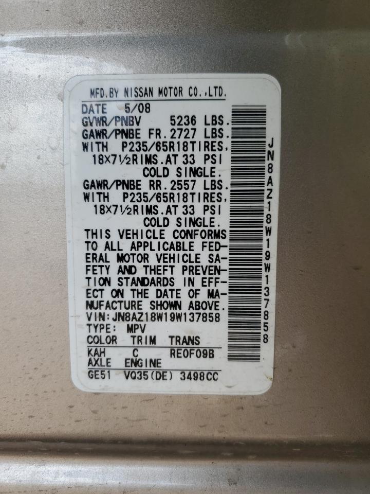 2009 Nissan Murano S VIN: JN8AZ18W19W137858 Lot: 84883365