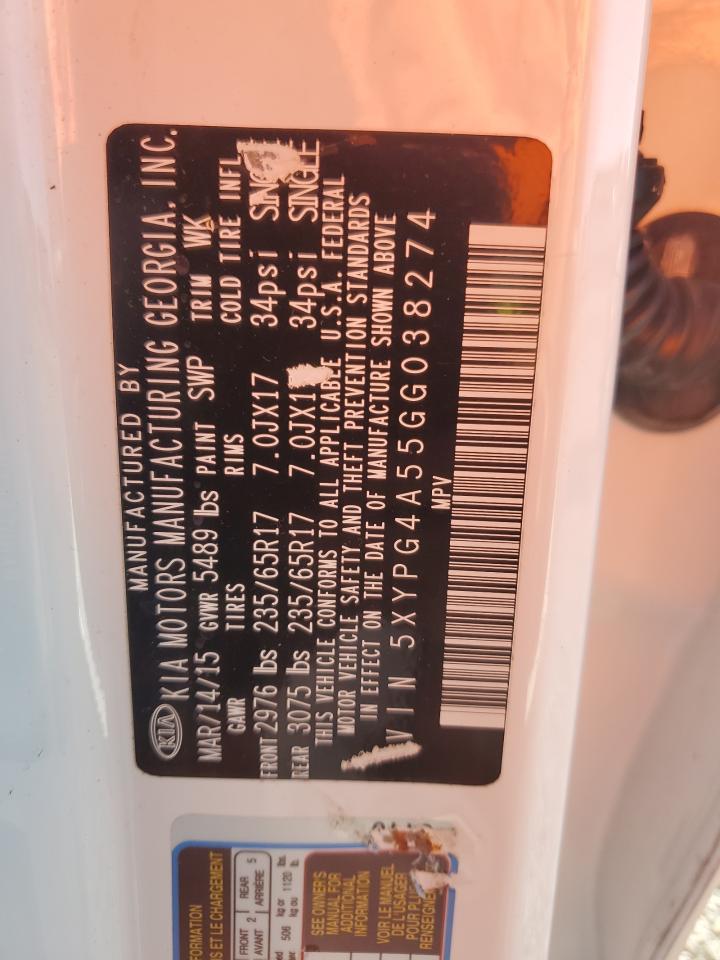 2016 Kia Sorento Lx VIN: 5XYPG4A55GG038274 Lot: 82438335