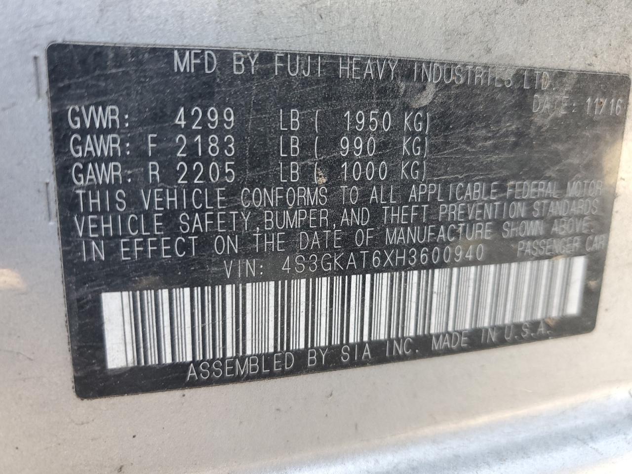 2017 Subaru Impreza Limited VIN: 4S3GKAT6XH3600940 Lot: 84793805