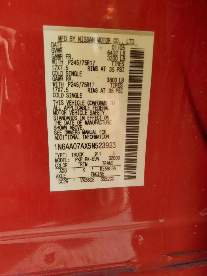 2005 Nissan Titan Xe VIN: 1N6AA07AX5N523923 Lot: 85895155