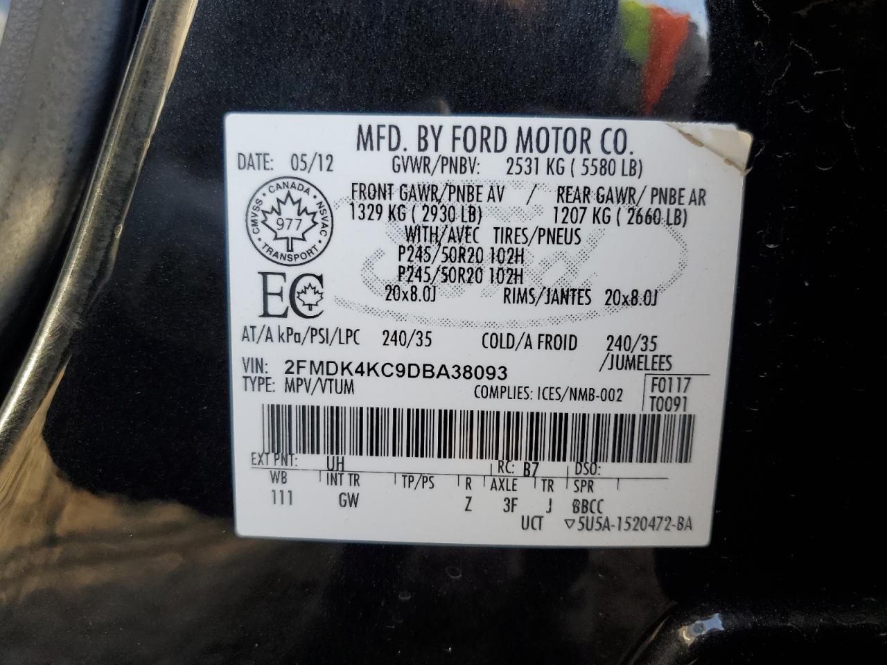 2013 Ford Edge Limited VIN: 2FMDK4KC9DBA38093 Lot: 89861915