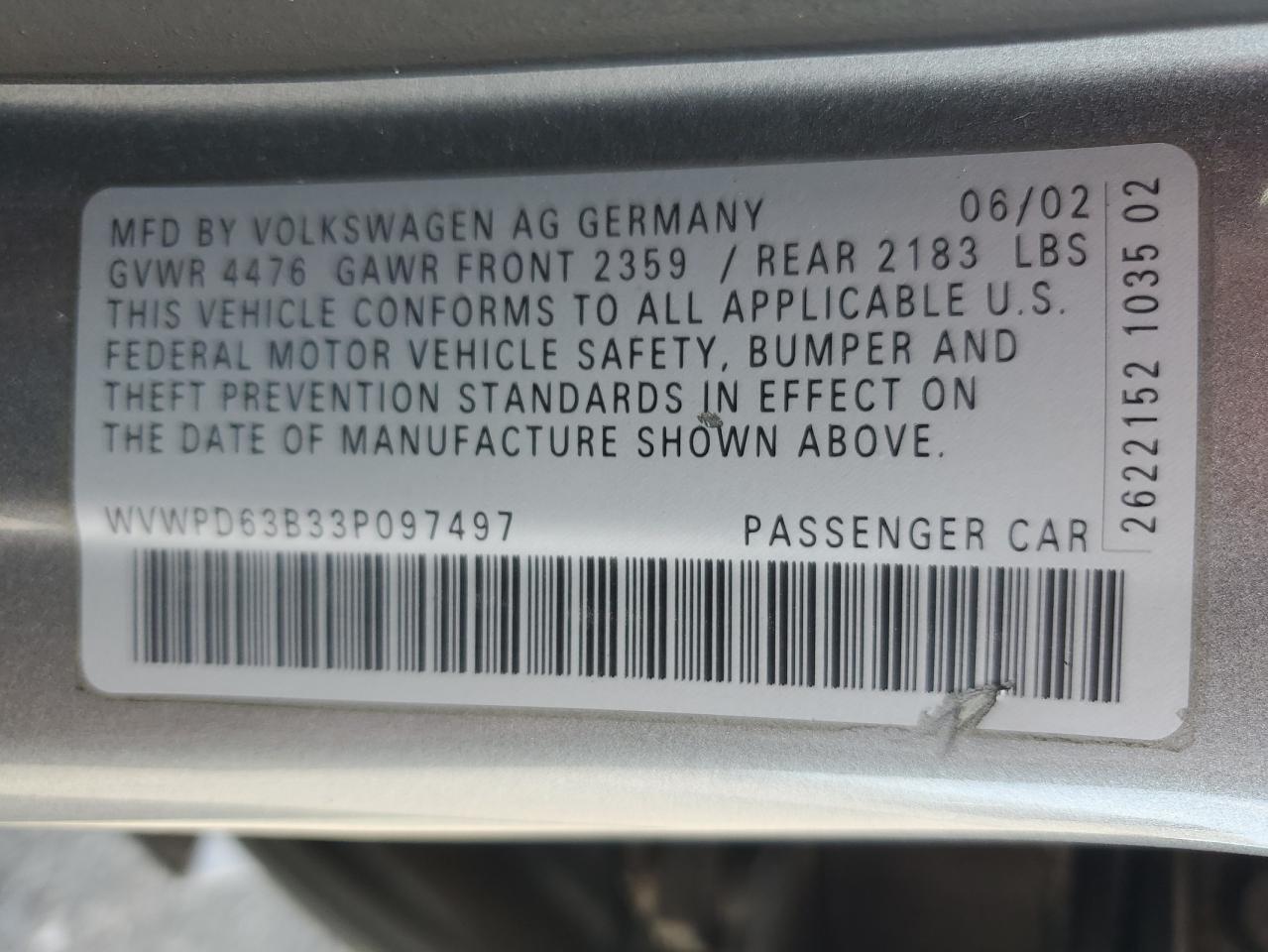 2003 Volkswagen Passat Gls VIN: WVWPD63B33P097497 Lot: 86717885