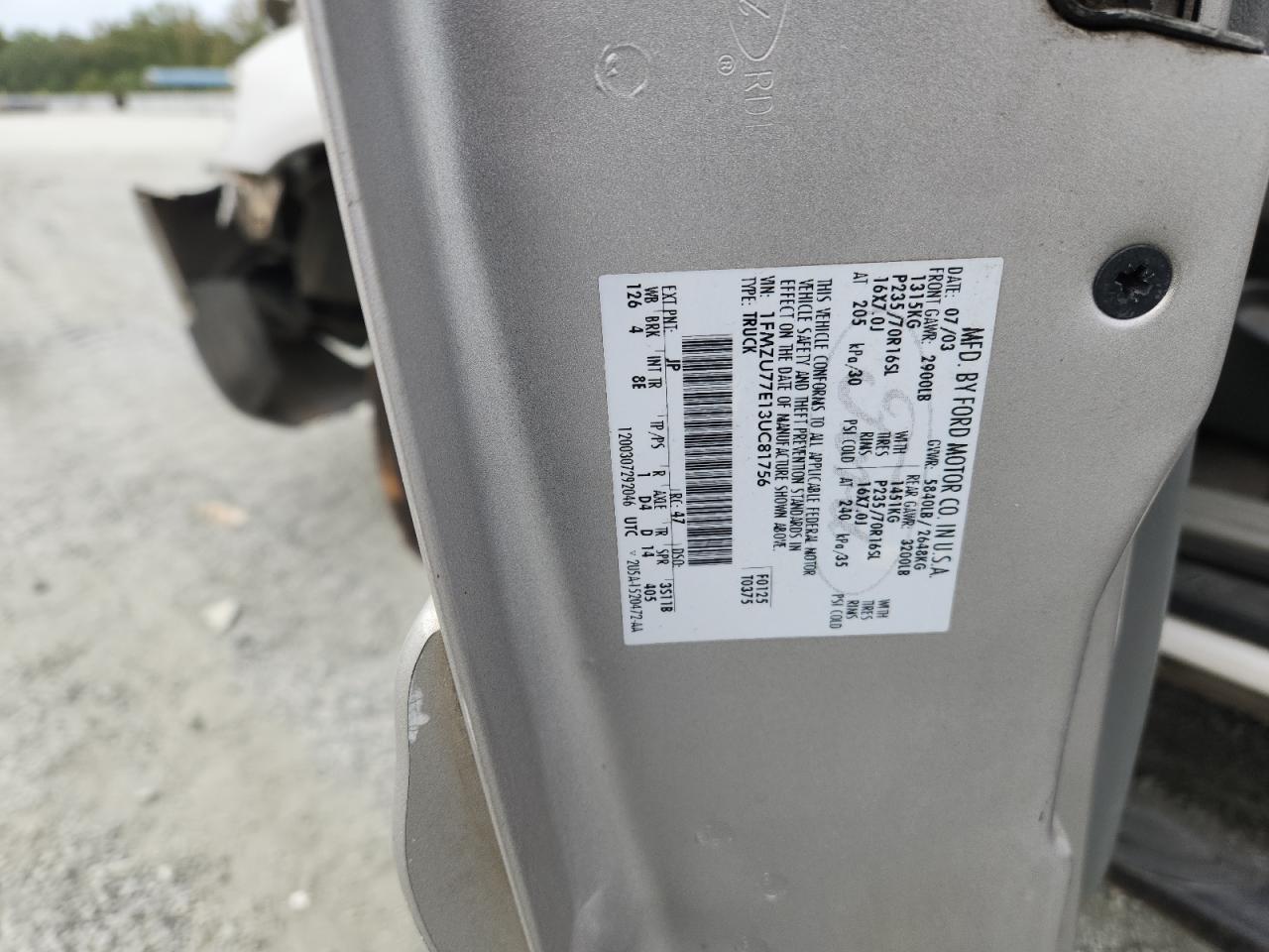 2003 Ford Explorer Sport Trac VIN: 1FMZU77E13UC81756 Lot: 93326255