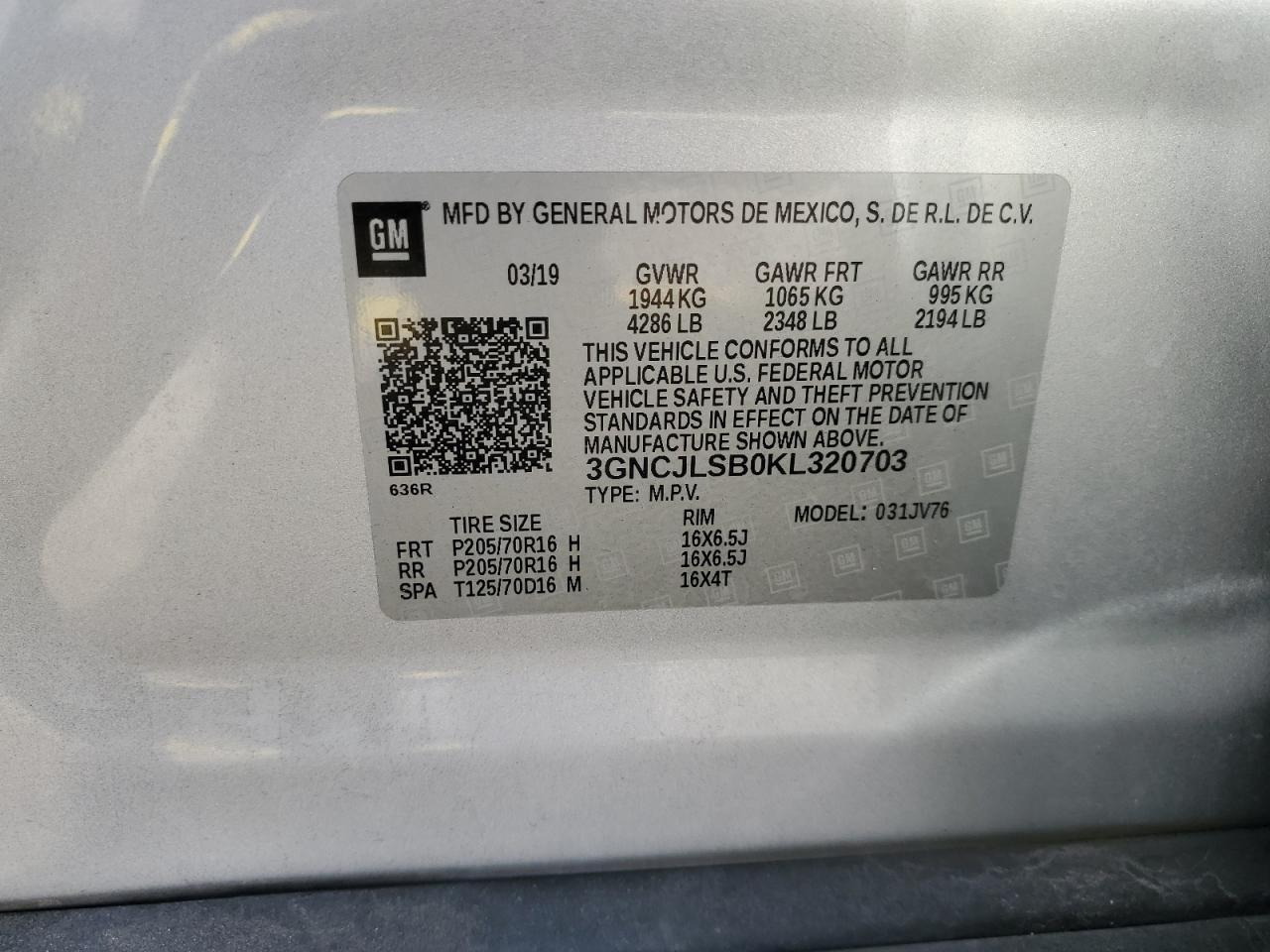 2019 Chevrolet Trax 1Lt VIN: 3GNCJLSB0KL320703 Lot: 84958395