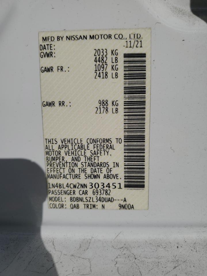 2022 Nissan Altima Sr VIN: 1N4BL4CW2NN303451 Lot: 85934035