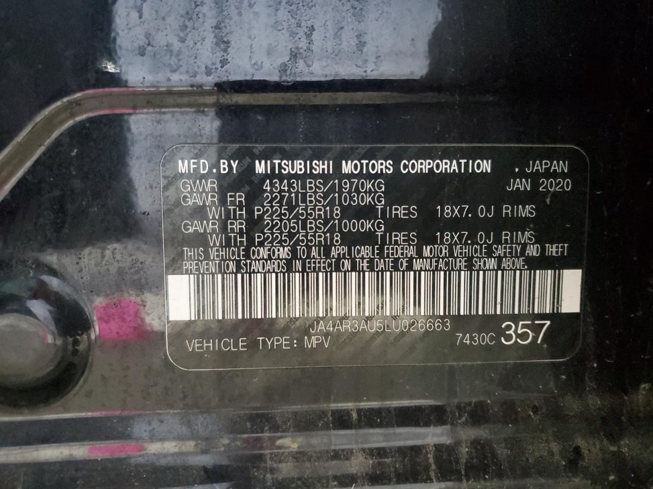 2020 Mitsubishi Outlander Sport Es VIN: JA4AR3AU5LU026663 Lot: 89805315