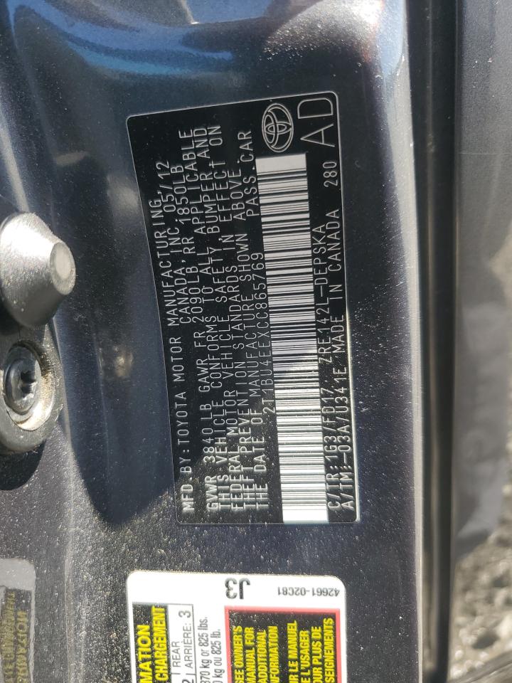 2012 Toyota Corolla Base VIN: 2T1BU4EEXCC865769 Lot: 85185915