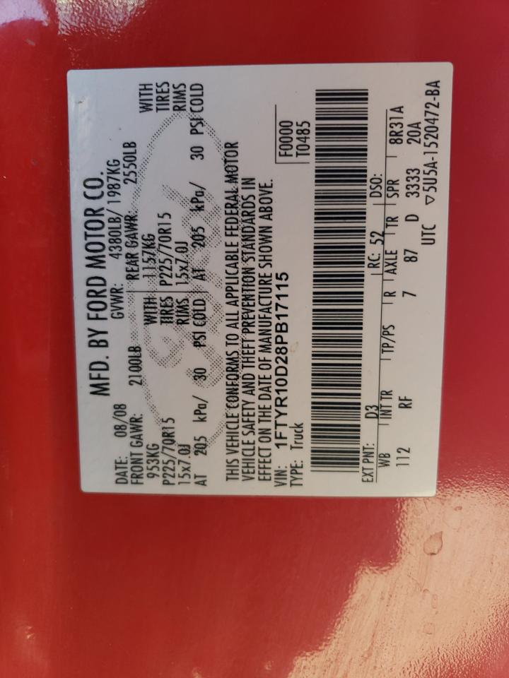 2008 Ford Ranger VIN: 1FTYR10D28PB17115 Lot: 94739935