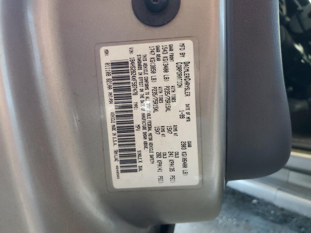 1999 Dodge Durango VIN: 1B4HS28Z4XF587478 Lot: 84625175