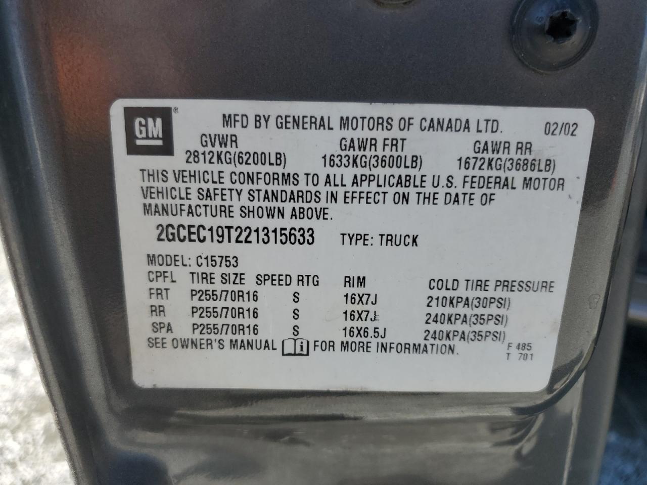 2002 Chevrolet Silverado C1500 VIN: 2GCEC19T221315633 Lot: 84916865