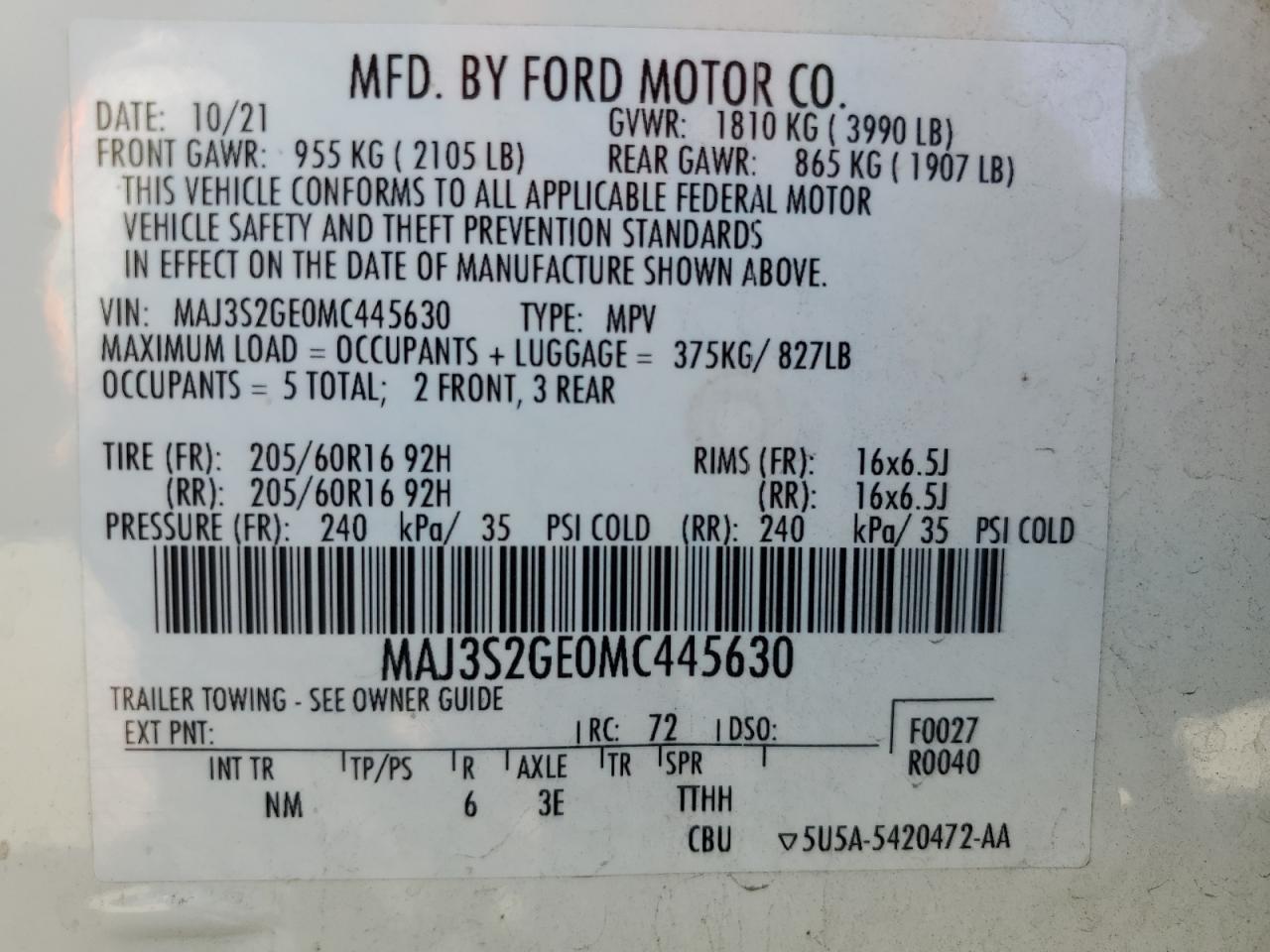 2021 Ford Ecosport Se VIN: MAJ3S2GE0MC445630 Lot: 86186435