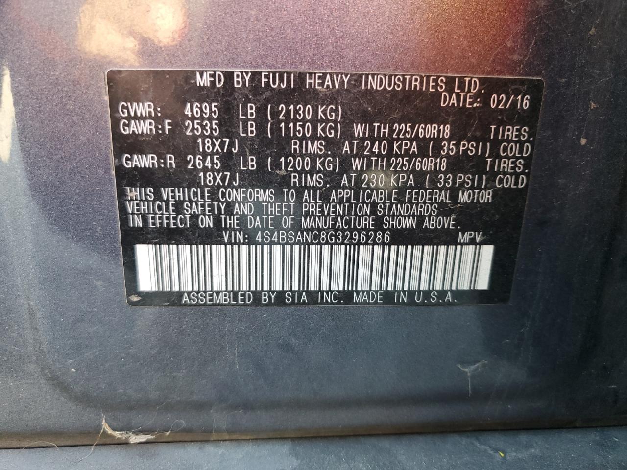 2016 Subaru Outback 2.5I Limited VIN: 4S4BSANC8G3296286 Lot: 82273085