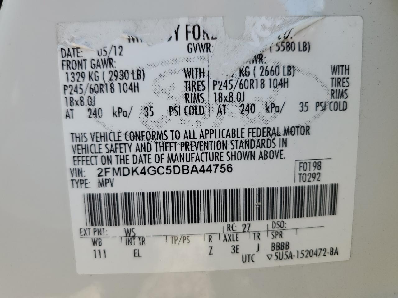 2013 Ford Edge Se VIN: 2FMDK4GC5DBA44756 Lot: 89511585