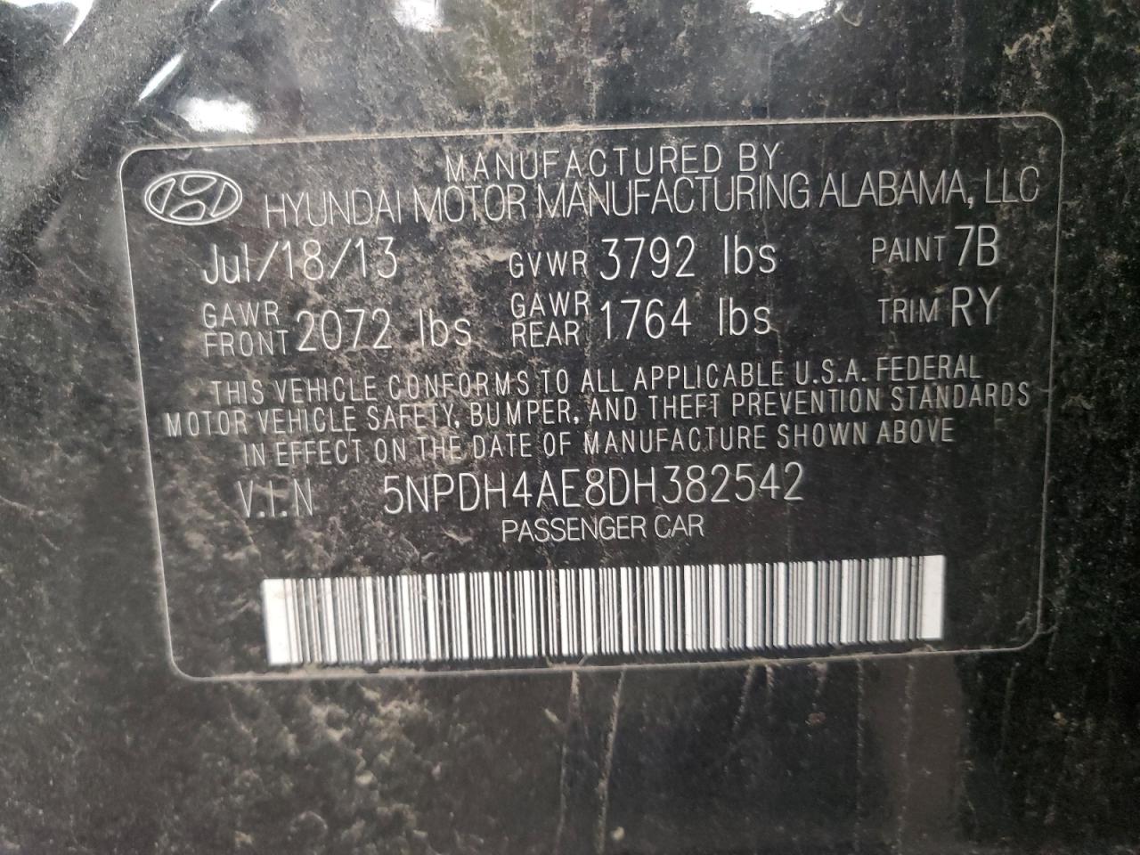2013 Hyundai Elantra Gls VIN: 5NPDH4AE8DH382542 Lot: 86533115