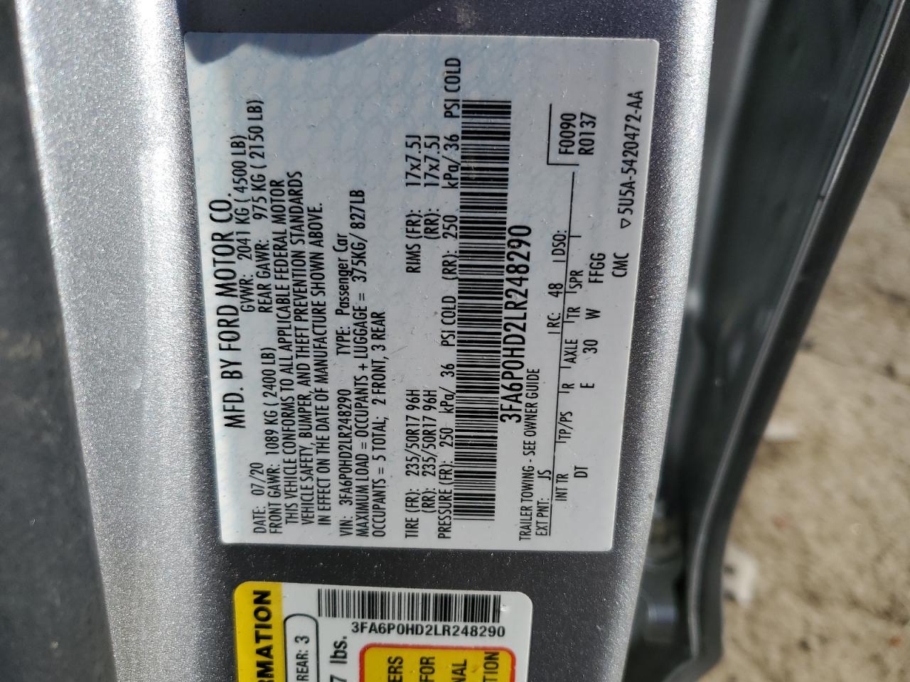 2020 Ford Fusion Se VIN: 3FA6P0HD2LR248290 Lot: 87256795